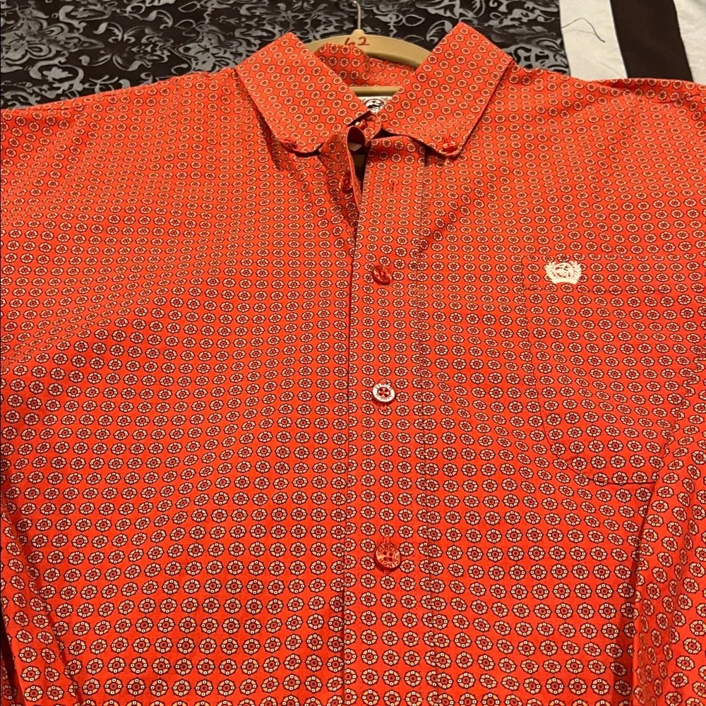 Cinch Mens Western Button Down shirt L Red/Orange Geometric Rodeo Ranch, LARGE